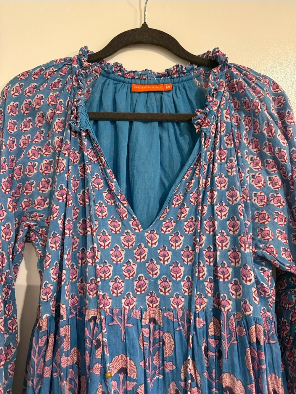 Oliphant Blue & Pink Floral Long Sleeve Tiered Dress